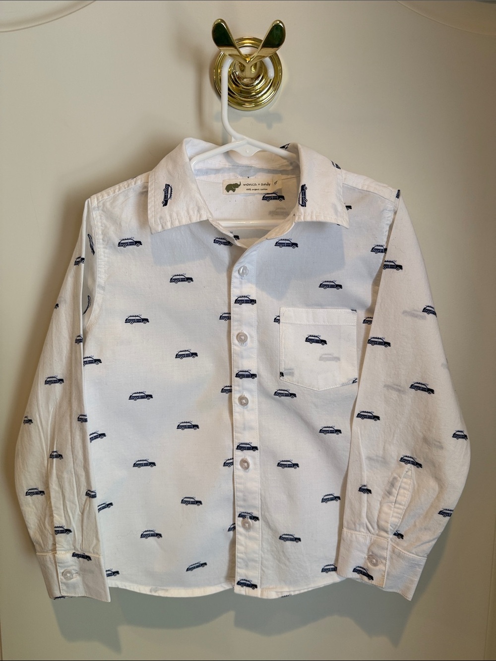 Monica + Andy White Button-Up Shirt with Navy Car Print - Boys